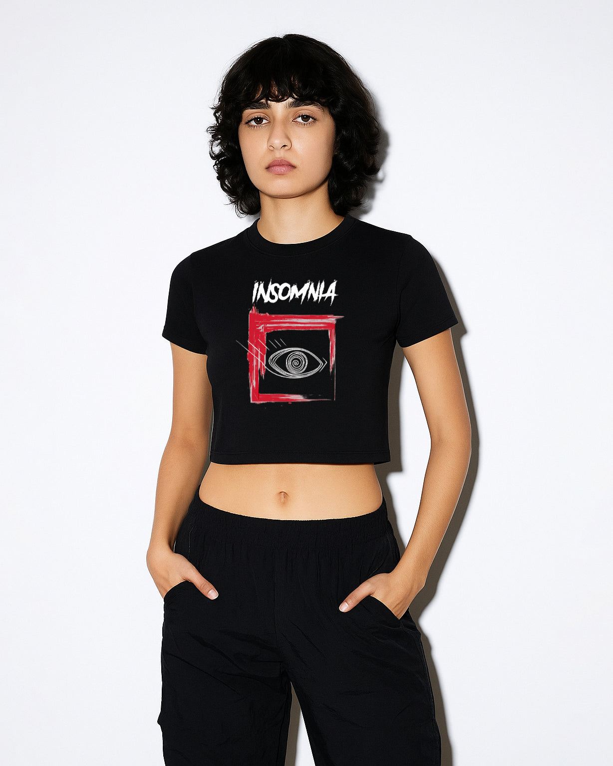 GRPHX Insomnia graphic crop tee model front view India