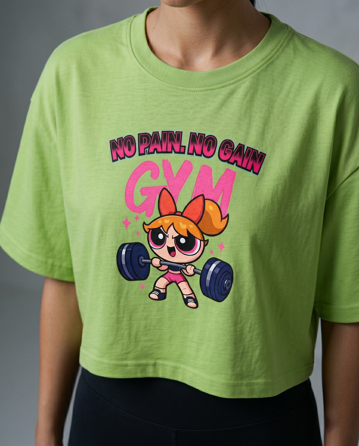 GRPHX No Pain No Gain gym oversized crop tee close up