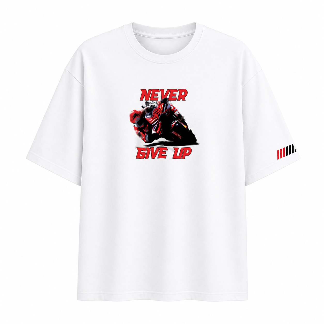 GRPHX Never Give Up graphic t-shirt front flat lay – white