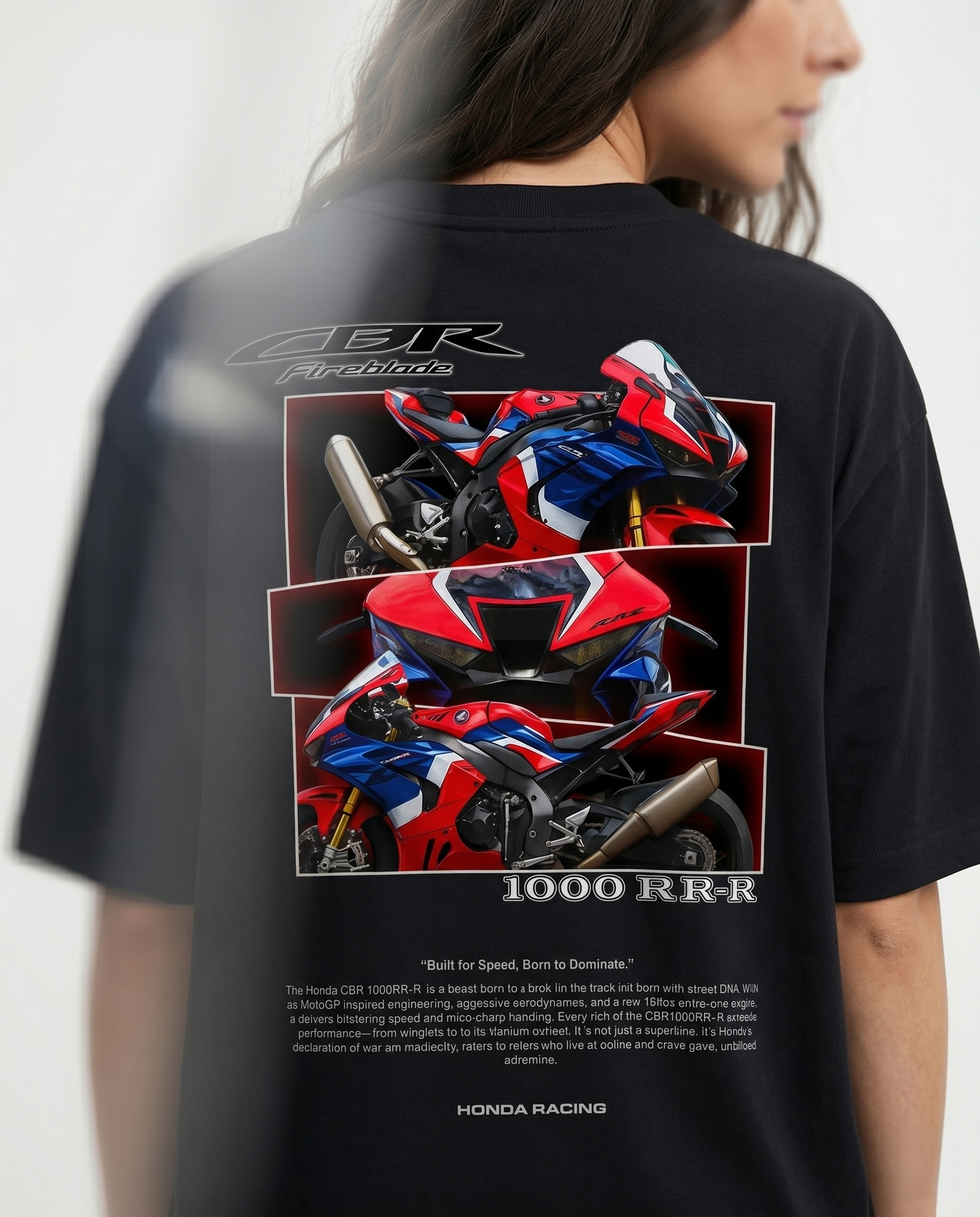 GRPHX Honda FireBlade black cotton t-shirt back view with motorcycle graphic