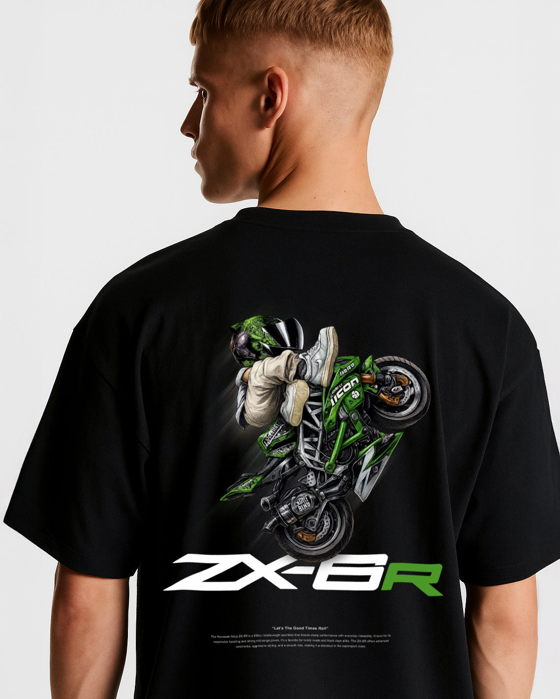 GRPHX Kawasaki ZX-6R back graphic print detail – oversized streetwear tee