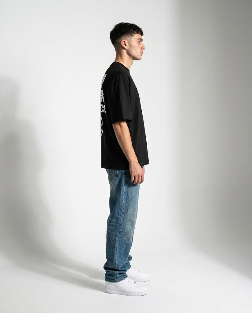 GRPHX The Outcast Heavyweight black t-shirt lifestyle shot India