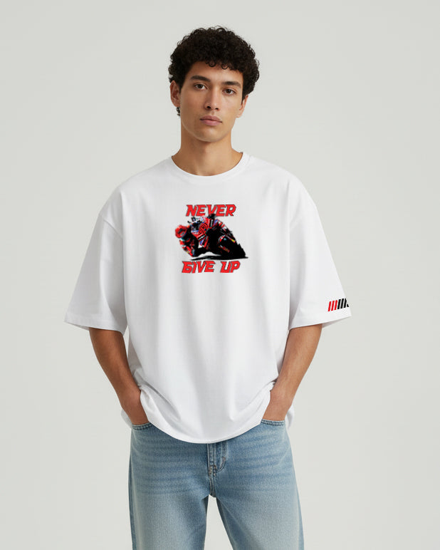 GRPHX Never Give Up white tee side view model