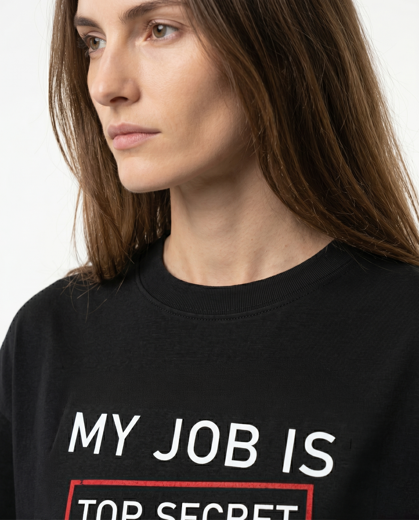 GRPHX Top Secret Job funny graphic oversized crop top close up