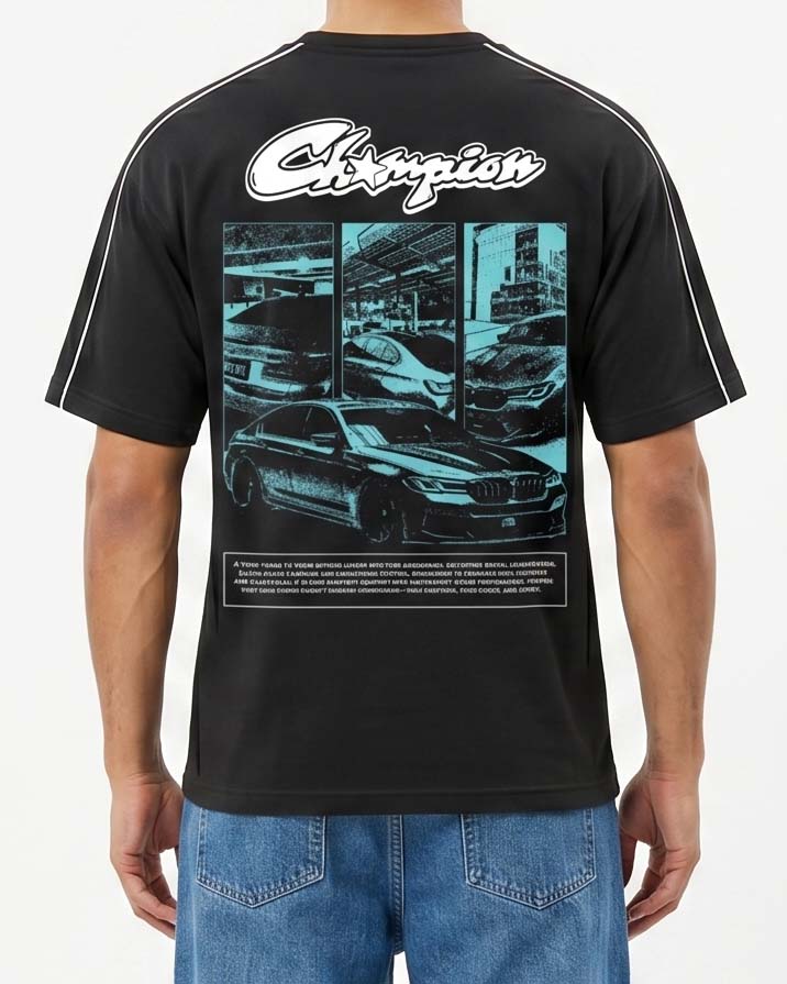 GRPHX Champion tee close-up graphic detail