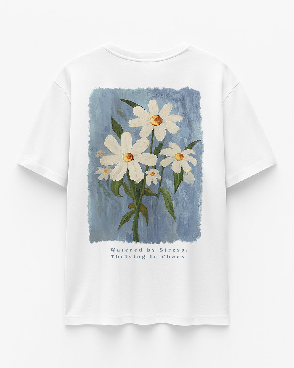 GrphX Oversized Cotton T-Shirt – “Bloom Through Chaos” Oversized Daisy Graphic T-Shirt – White Cotton