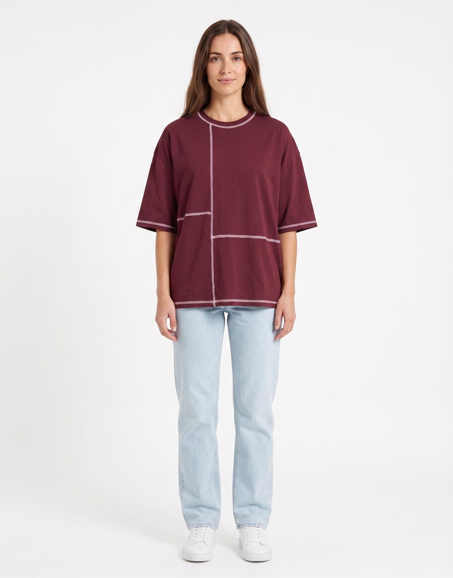 Maroon Contrast Stitch Oversized Tee | 220 GSM Supima Cotton