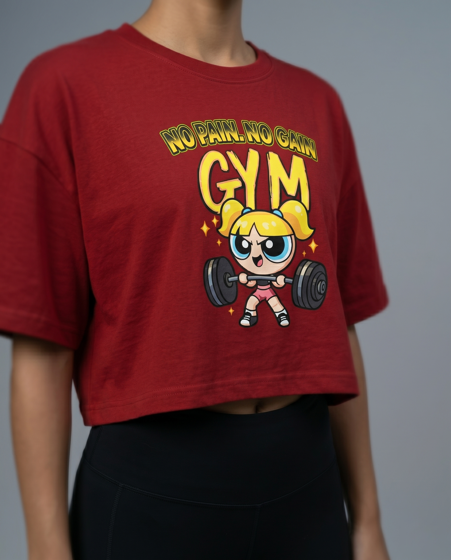 GRPHX No Pain No Gain gym oversized crop tee close up