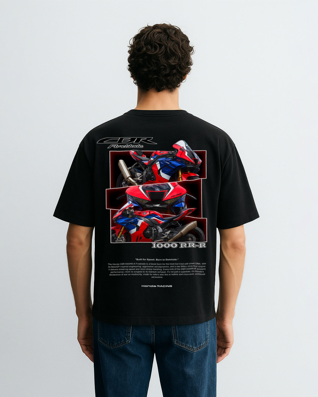 GRPHX Honda FireBlade graphic black oversized t-shirt back view – premium streetwear India