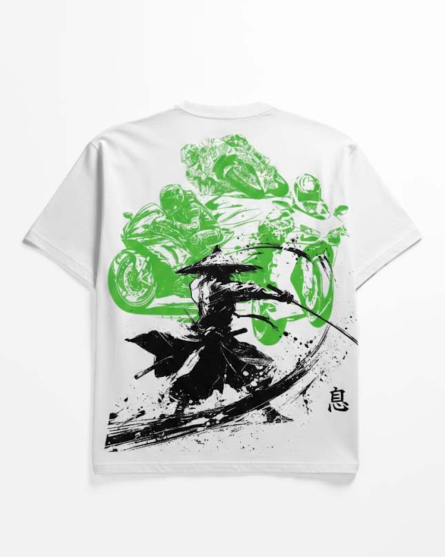 GRPHX Moto-Samurai graphic tee flat-lay back view – samurai motorcycle design
