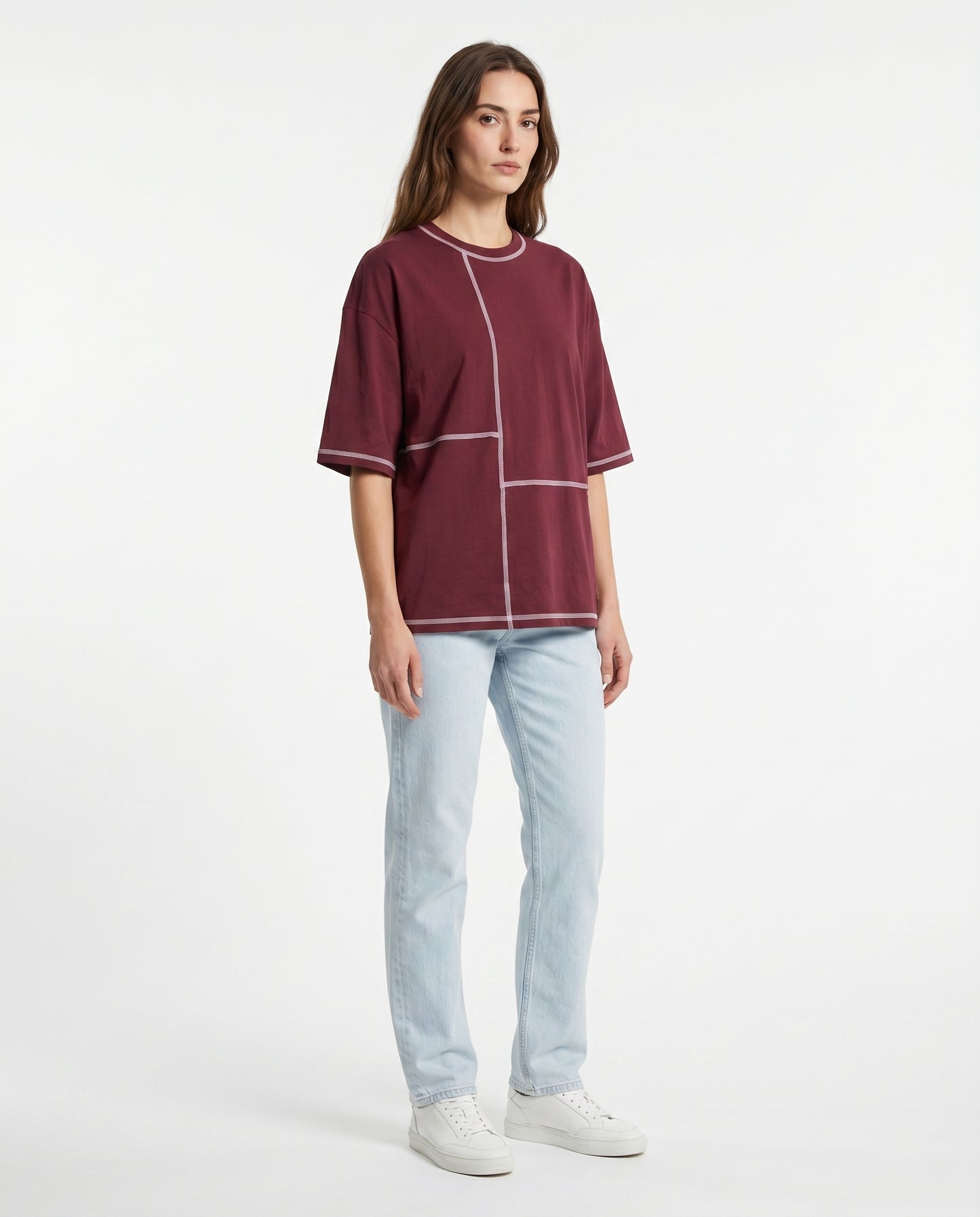 Maroon Contrast Stitch Oversized Tee | 220 GSM Supima Cotton
