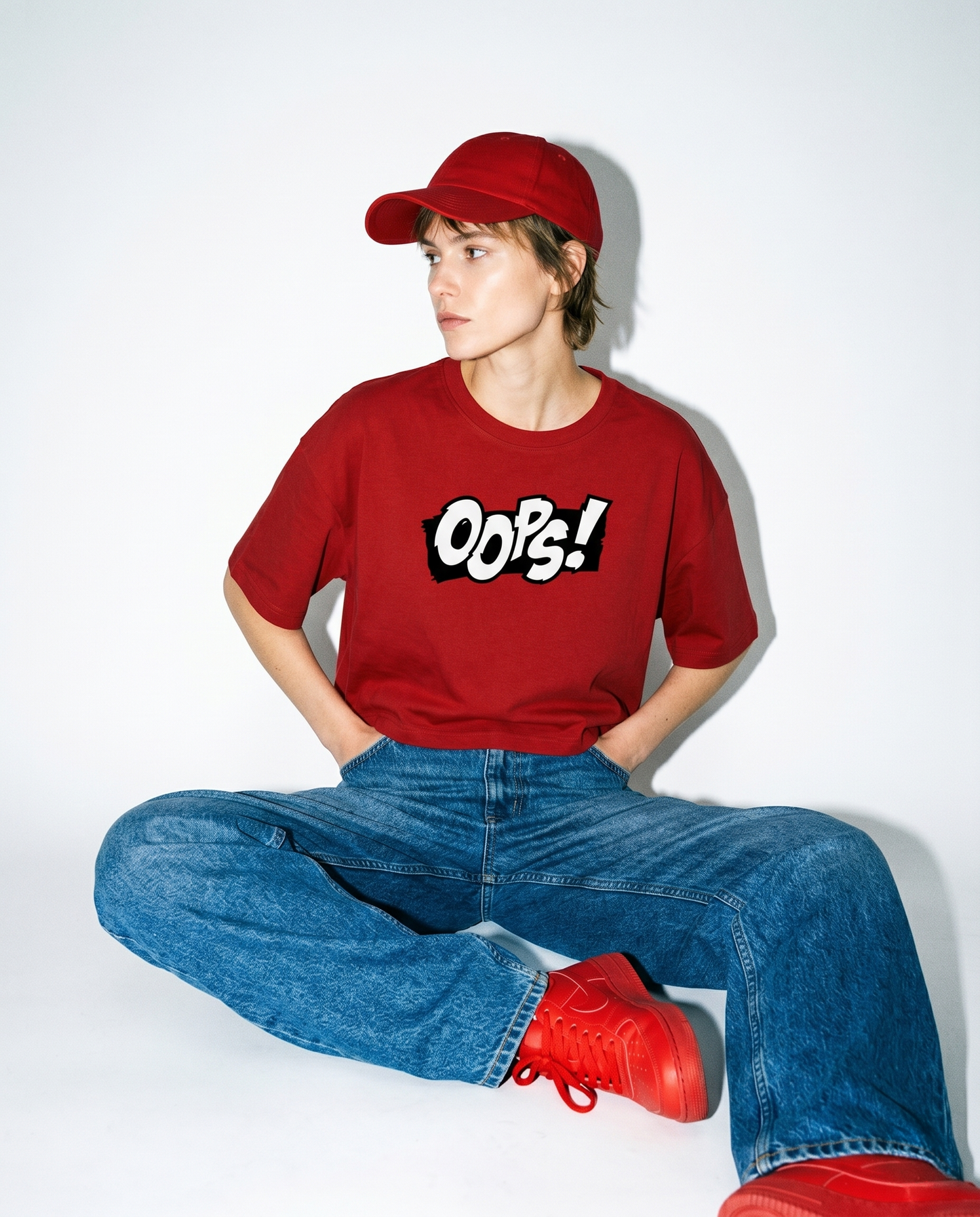 GRPHX Oops graphic oversized crop top front view – funny statement