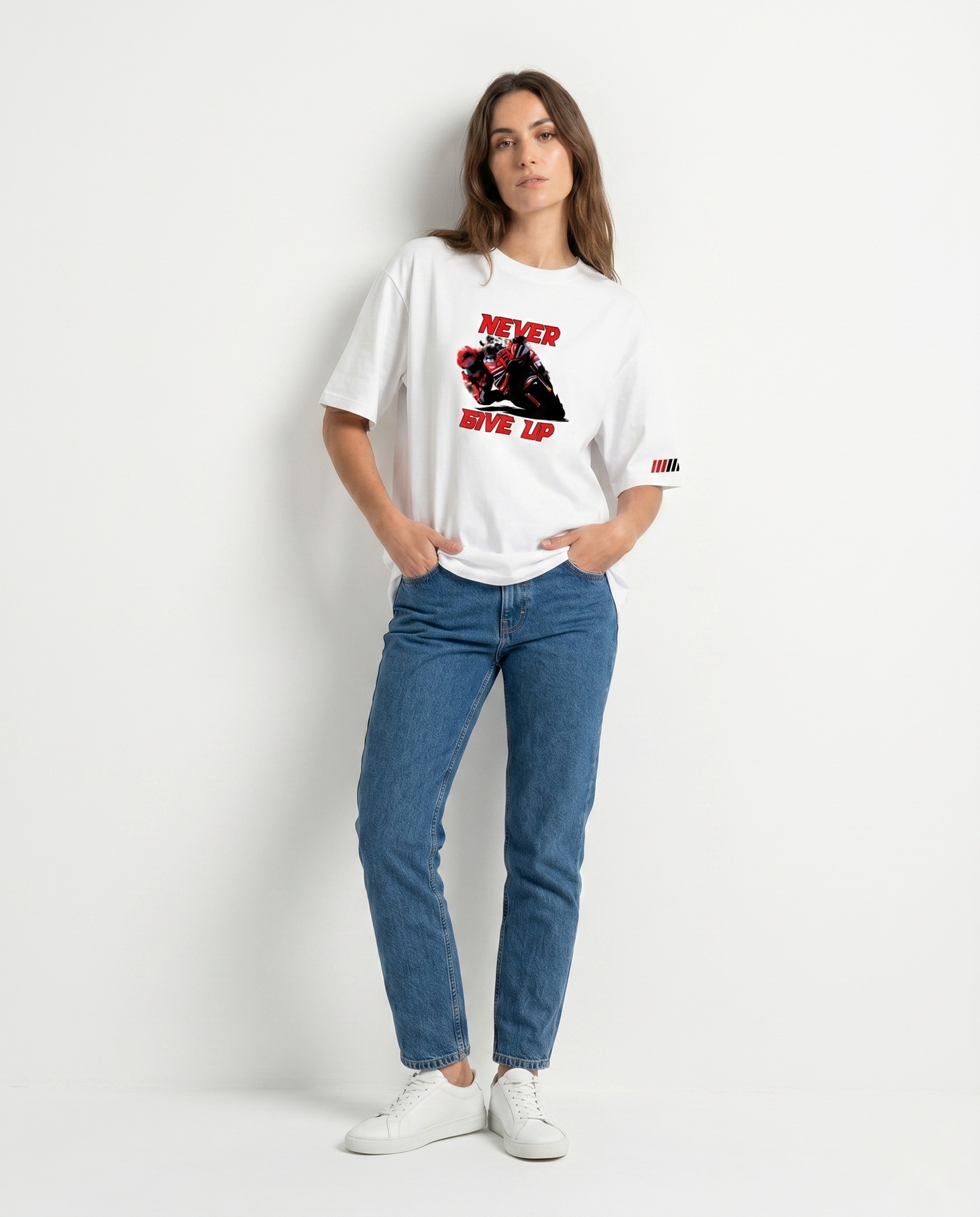 GRPHX Never Give Up white oversized tee on-body shot