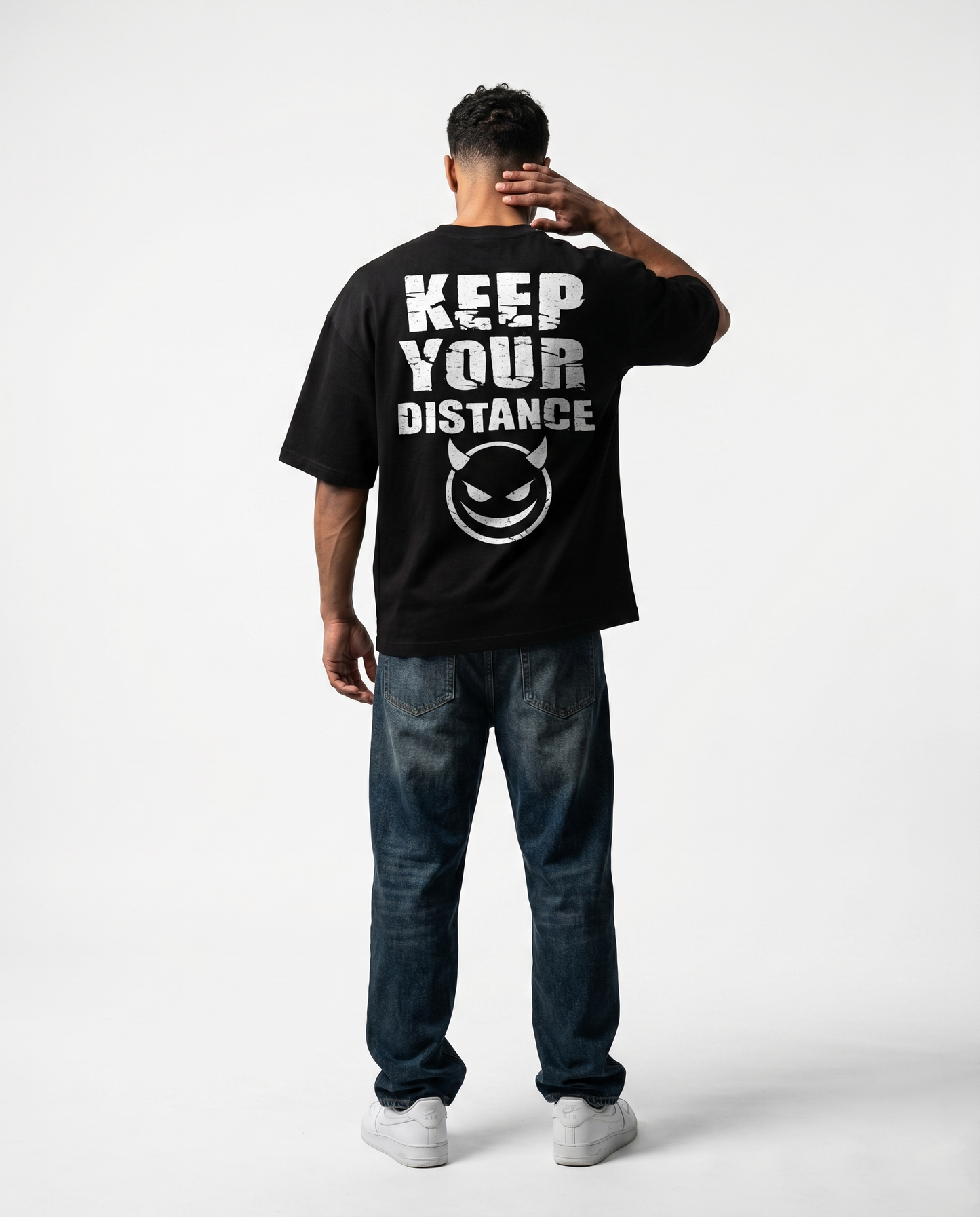 GRPHX The Outcast Heavyweight 240 GSM black oversized t-shirt front view - Devil Smile graphic