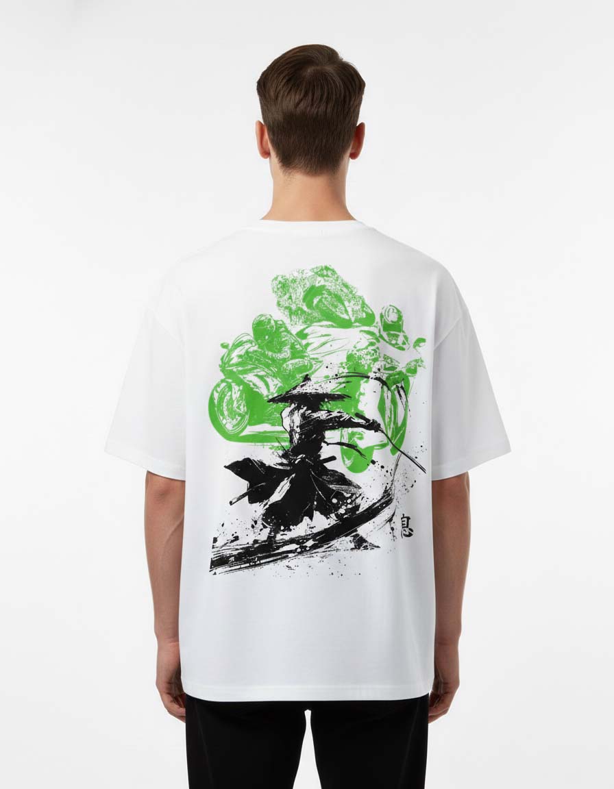 GRPHX Moto-Samurai graphic tee back view – samurai motorcycle design