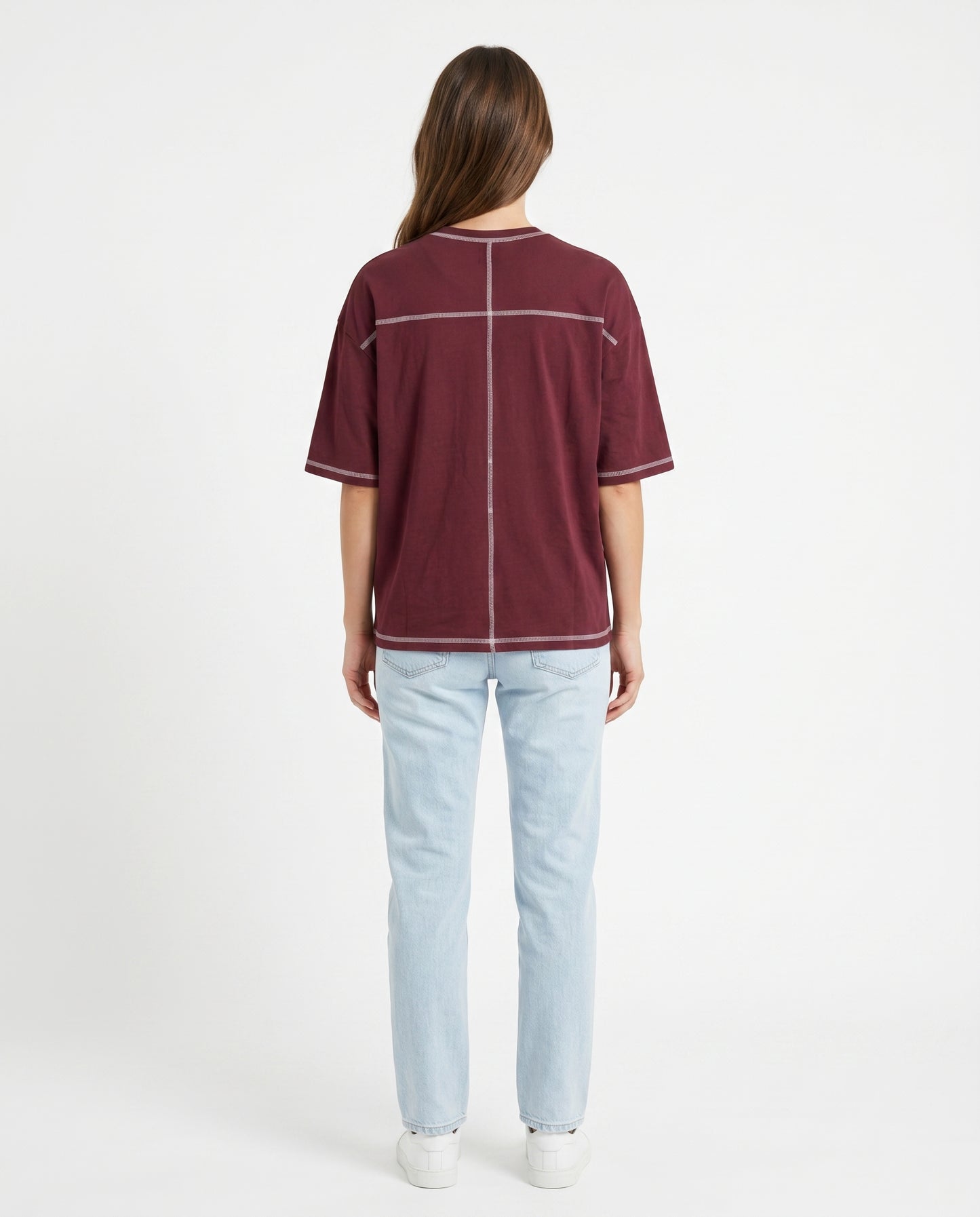 Maroon Contrast Stitch Oversized Tee | 220 GSM Supima Cotton