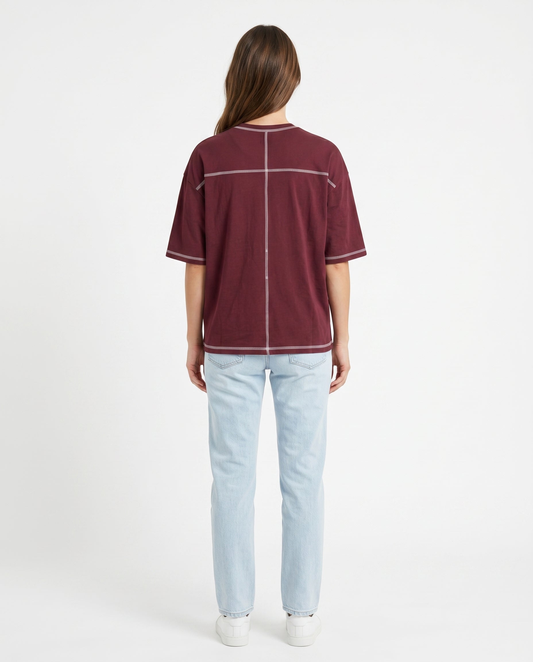 Maroon Contrast Stitch Oversized Tee | 220 GSM Supima Cotton