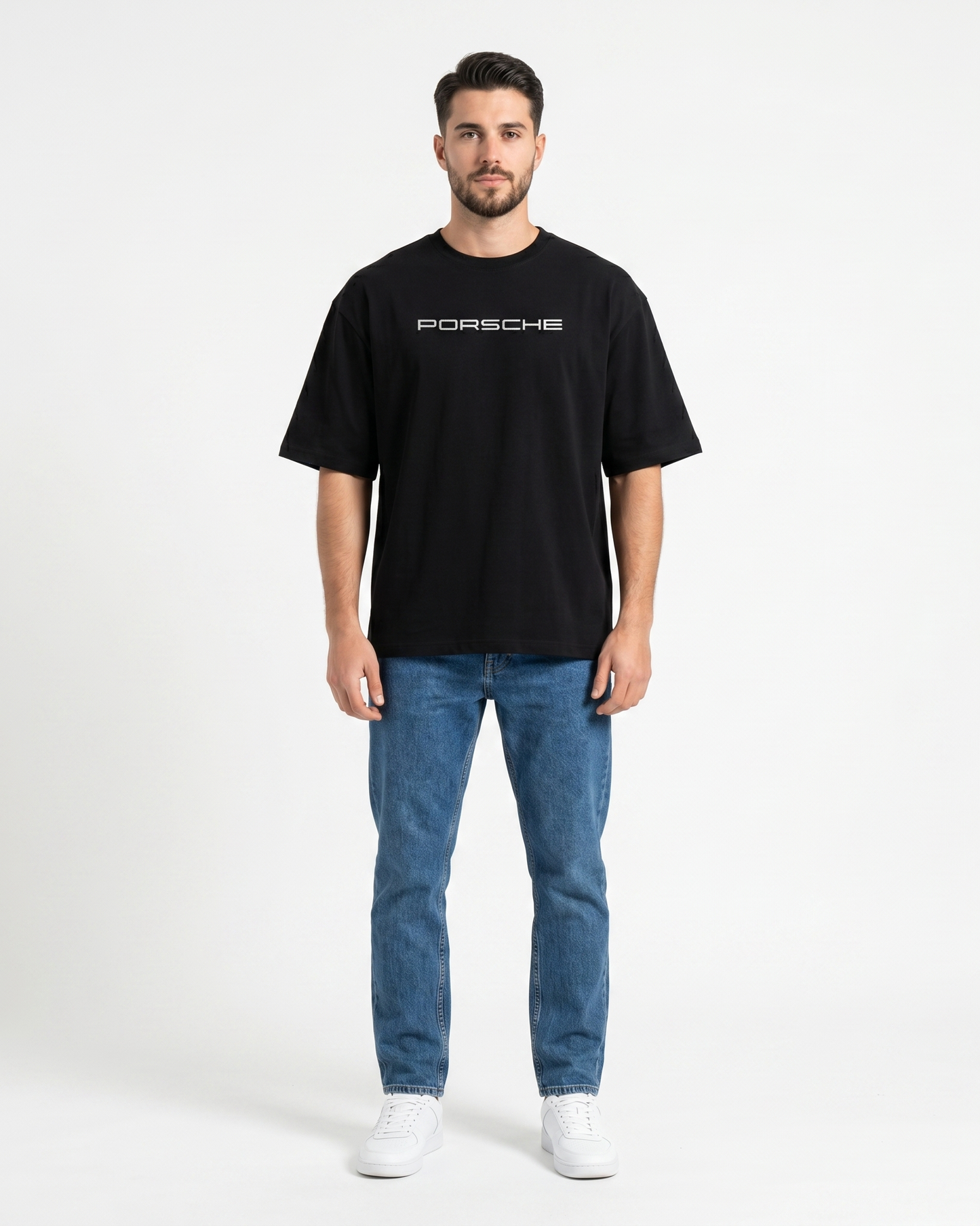 GRPHX Porsche graphic black oversized t-shirt front view – automotive streetwear