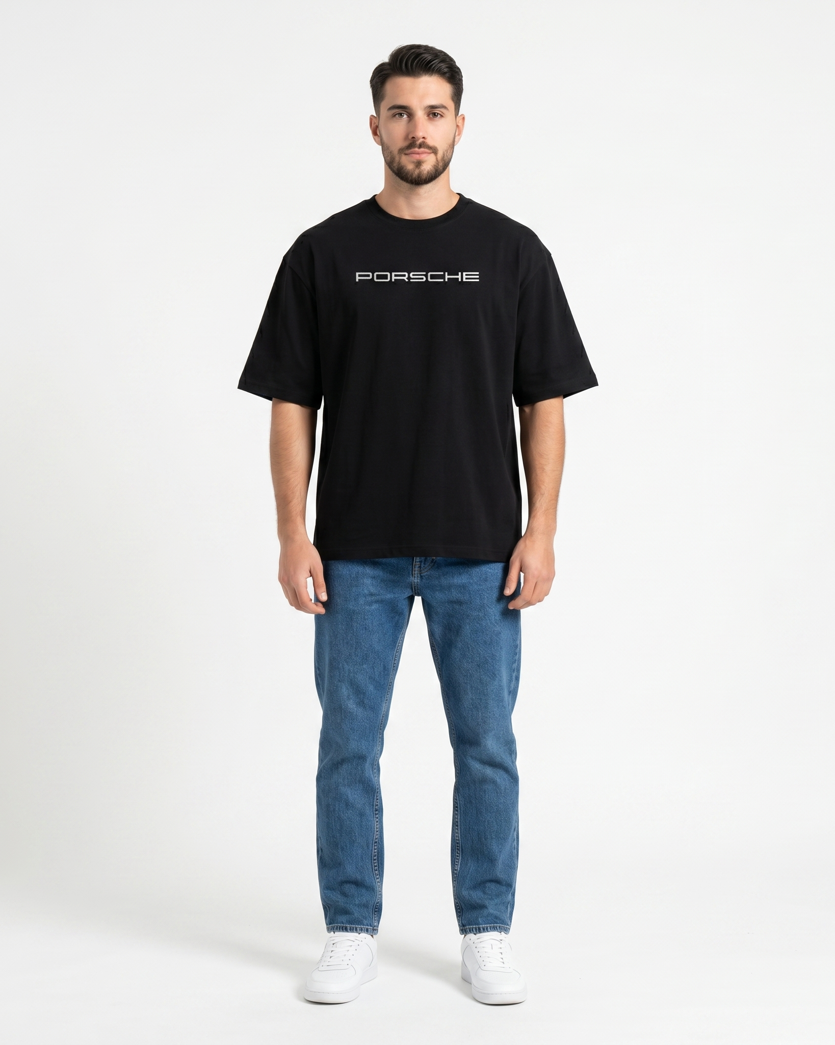 GRPHX Porsche graphic black oversized t-shirt front view – automotive streetwear