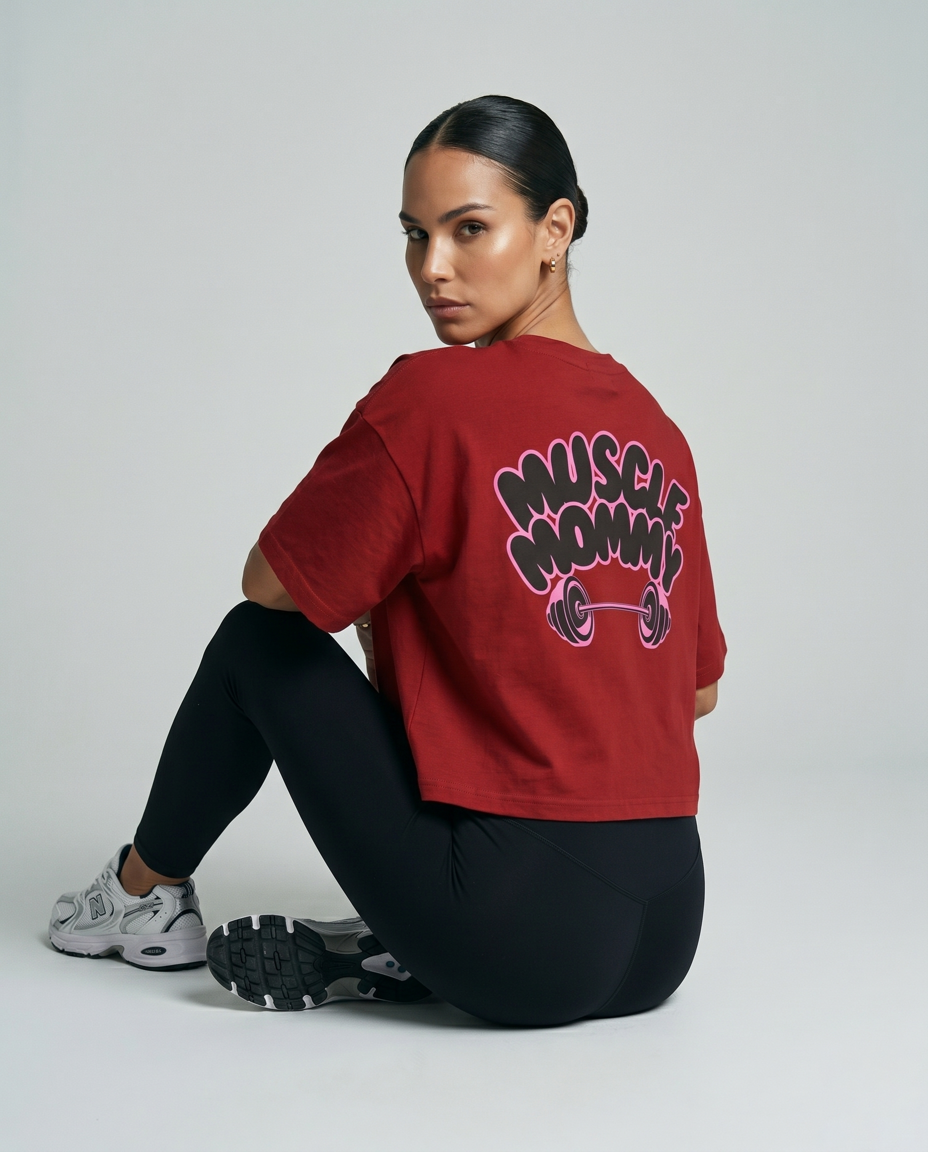 GRPHX Muscle Mommy crop tee back view – gym girl statement