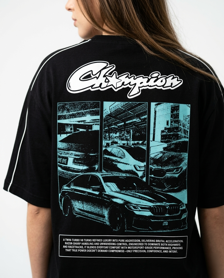 GRPHX Champion tee close-up graphic detail