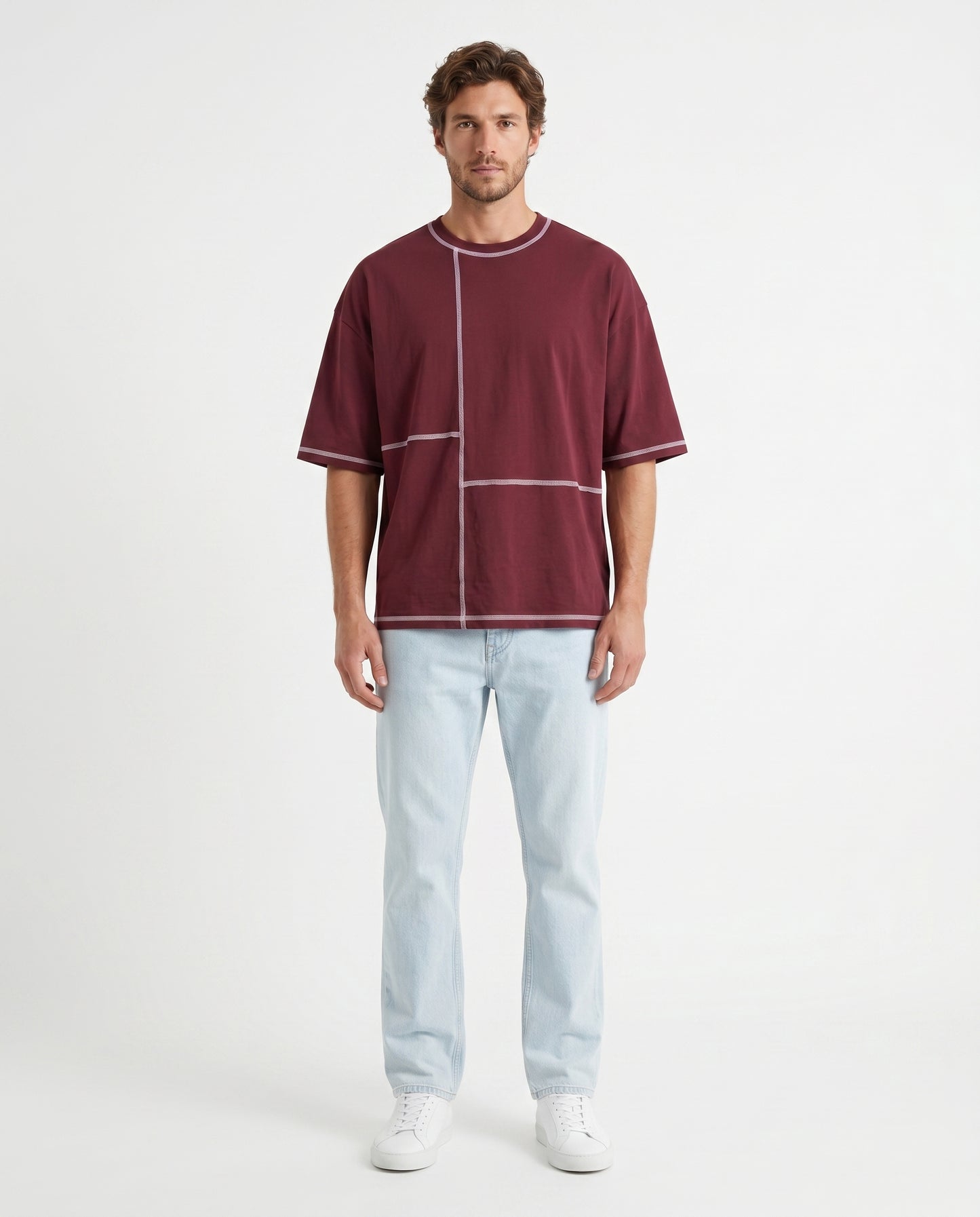 Maroon Contrast Stitch Oversized Tee | 220 GSM Supima Cotton