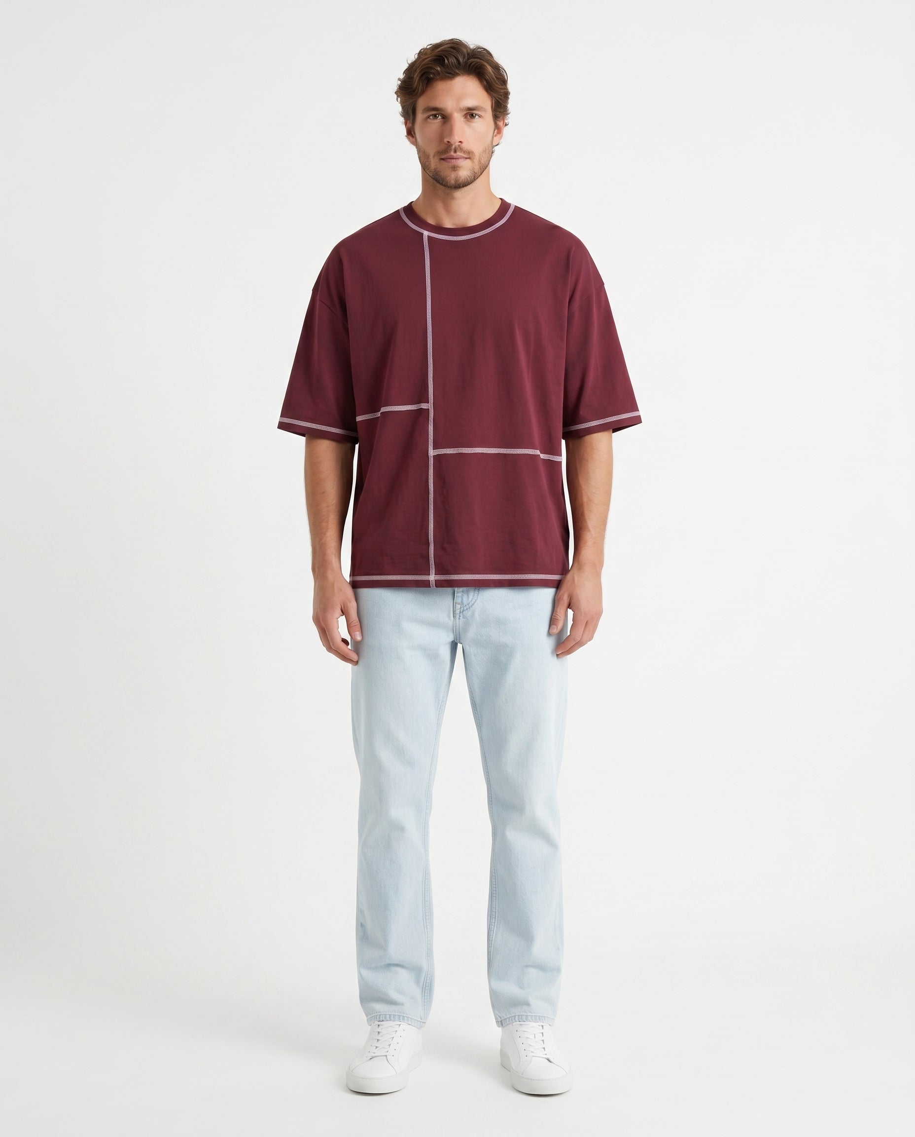 Maroon Contrast Stitch Oversized Tee | 220 GSM Supima Cotton
