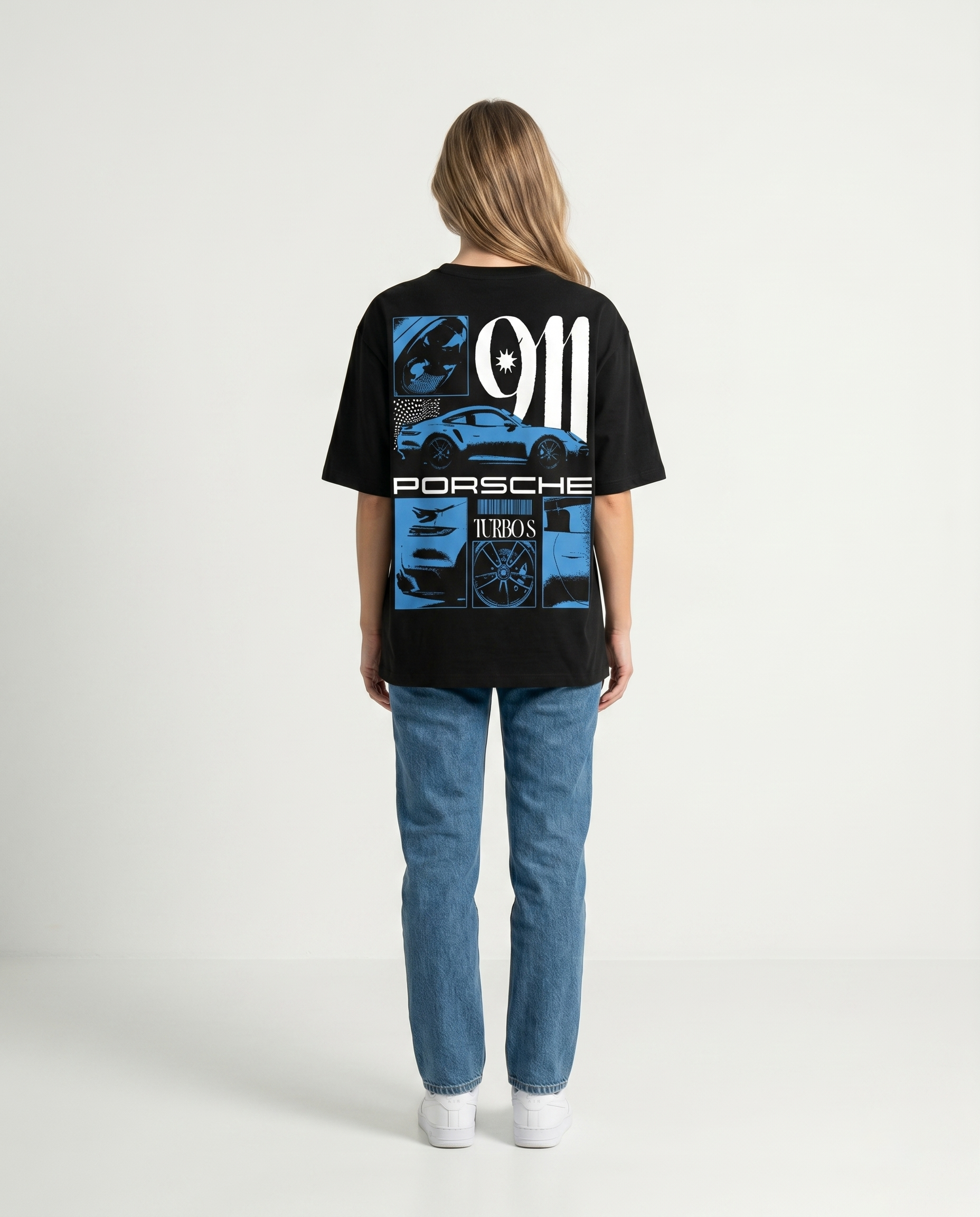 GRPHX Porsche car graphic tee – model wearing back