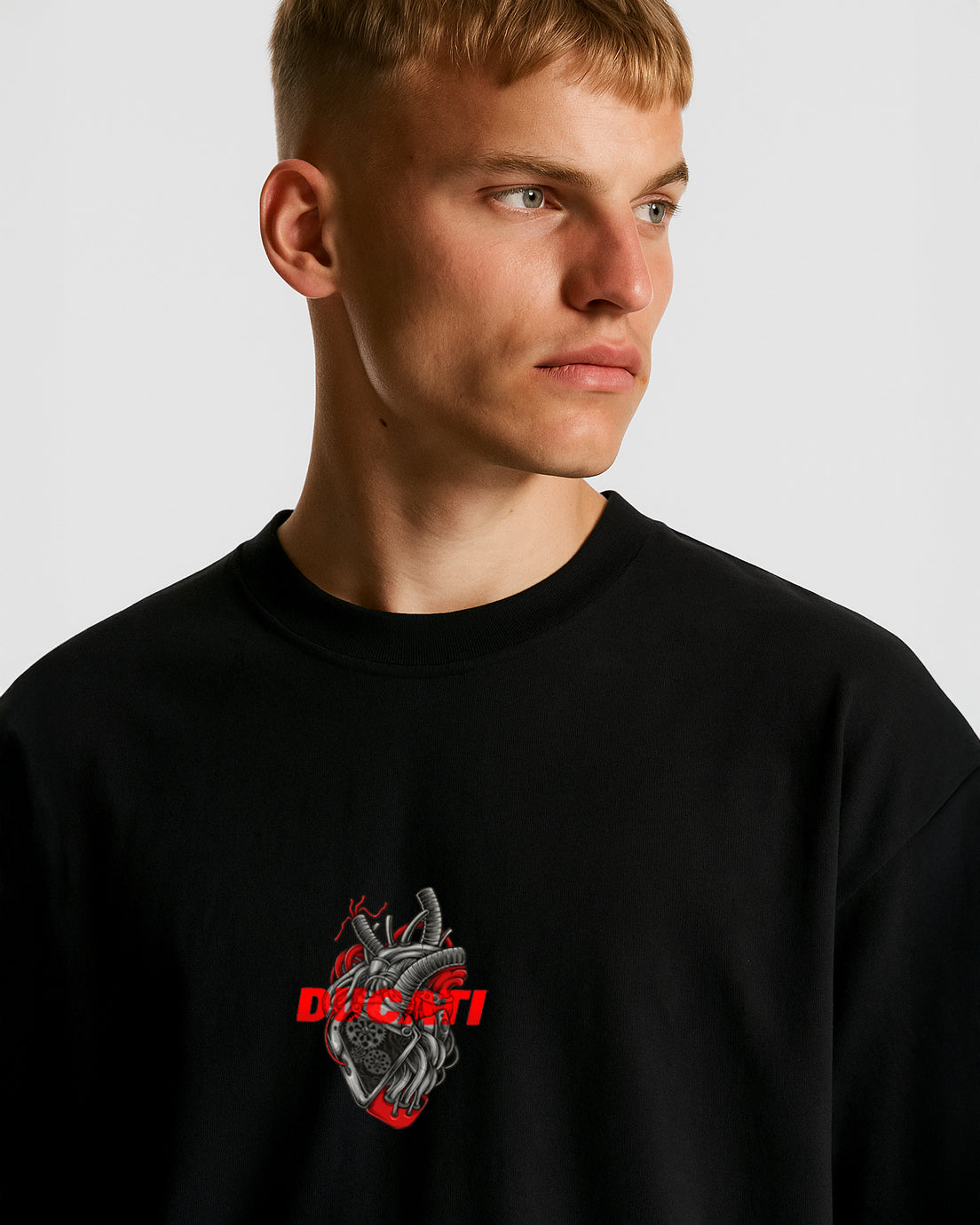 GRPHX Ducati V4S graphic black oversized t-shirt front view – automotive streetwear