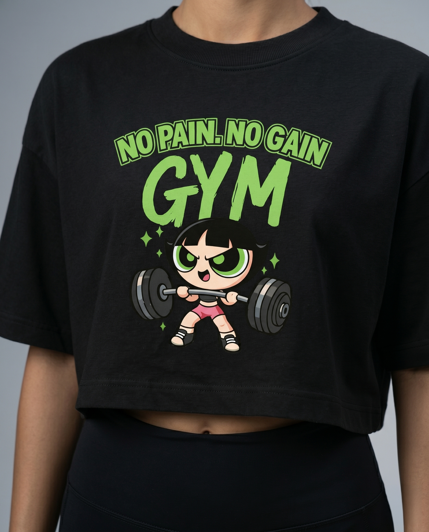 GRPHX No Pain No Gain gym oversized crop tee close up