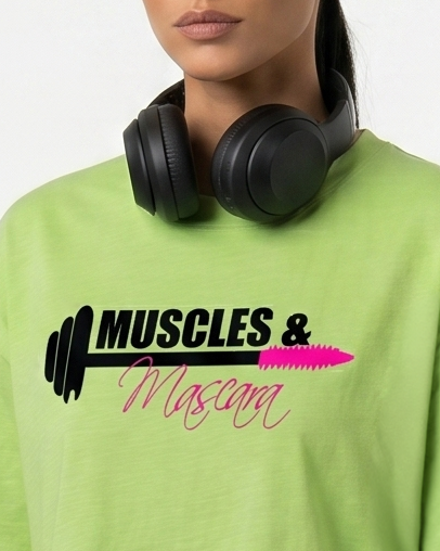 GRPHX Muscles and Mascara gym graphic oversized crop top close up