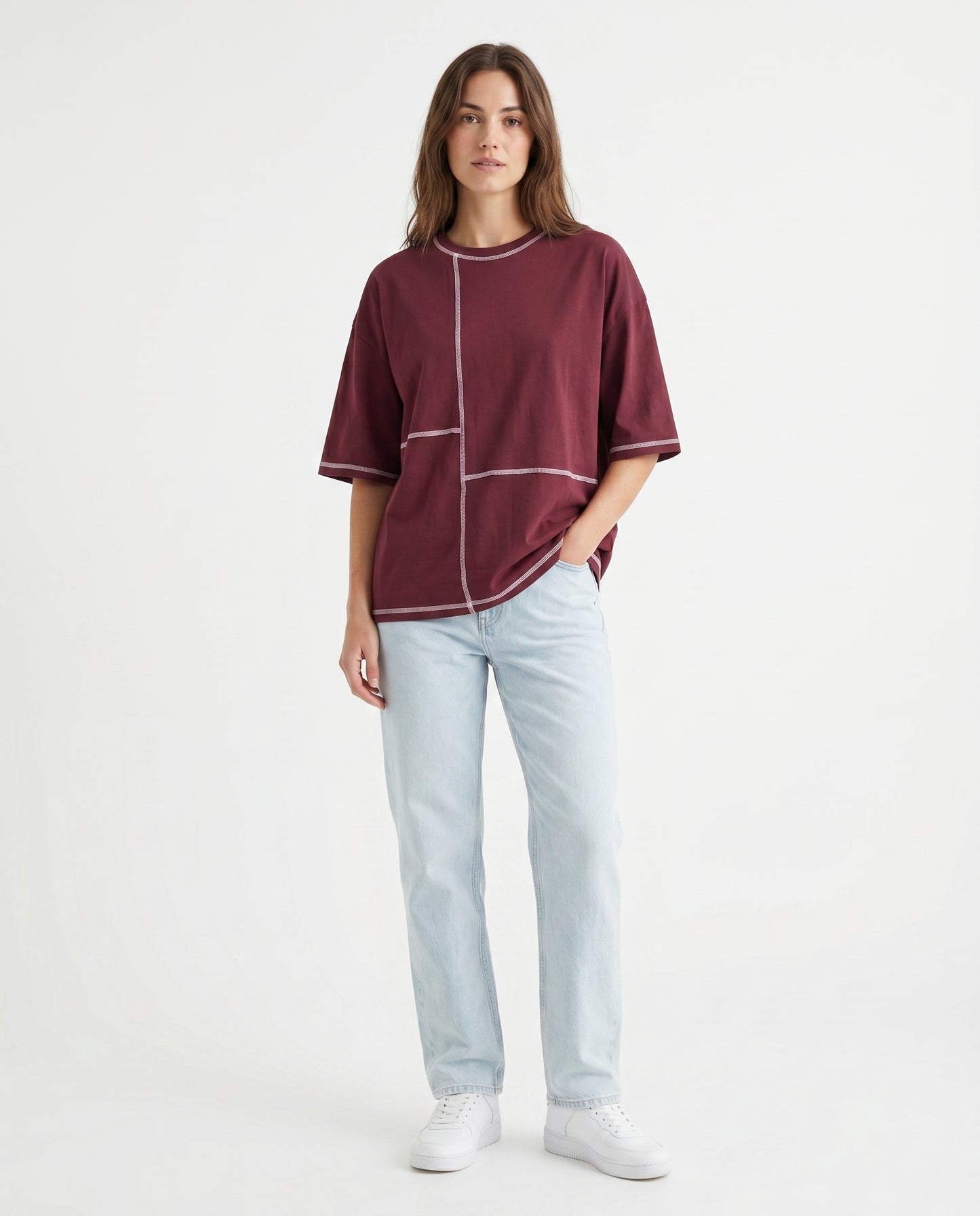 Maroon Contrast Stitch Oversized Tee | 220 GSM Supima Cotton