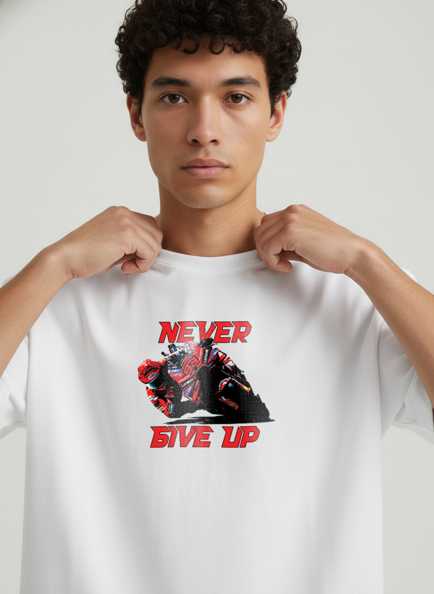 GRPHX Never Give Up graphic tee detail close-up