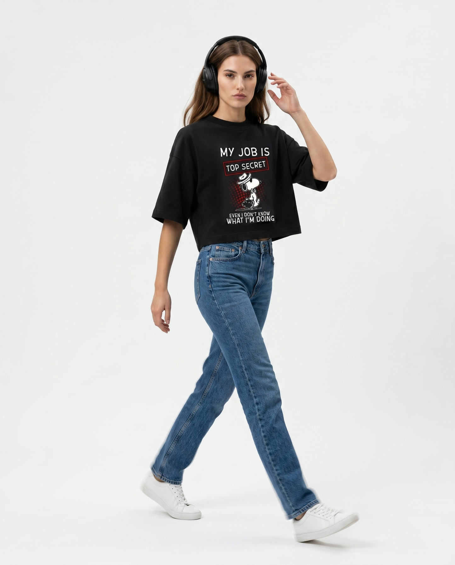 GRPHX Top Secret Job funny graphic oversized crop top front view