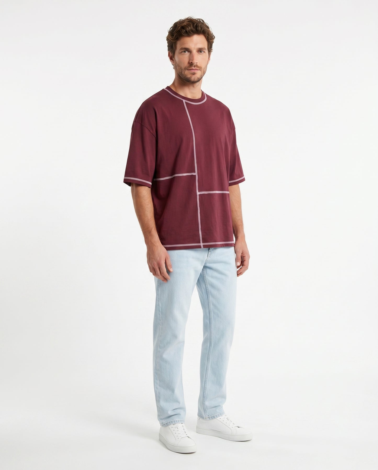 Maroon Contrast Stitch Oversized Tee | 220 GSM Supima Cotton