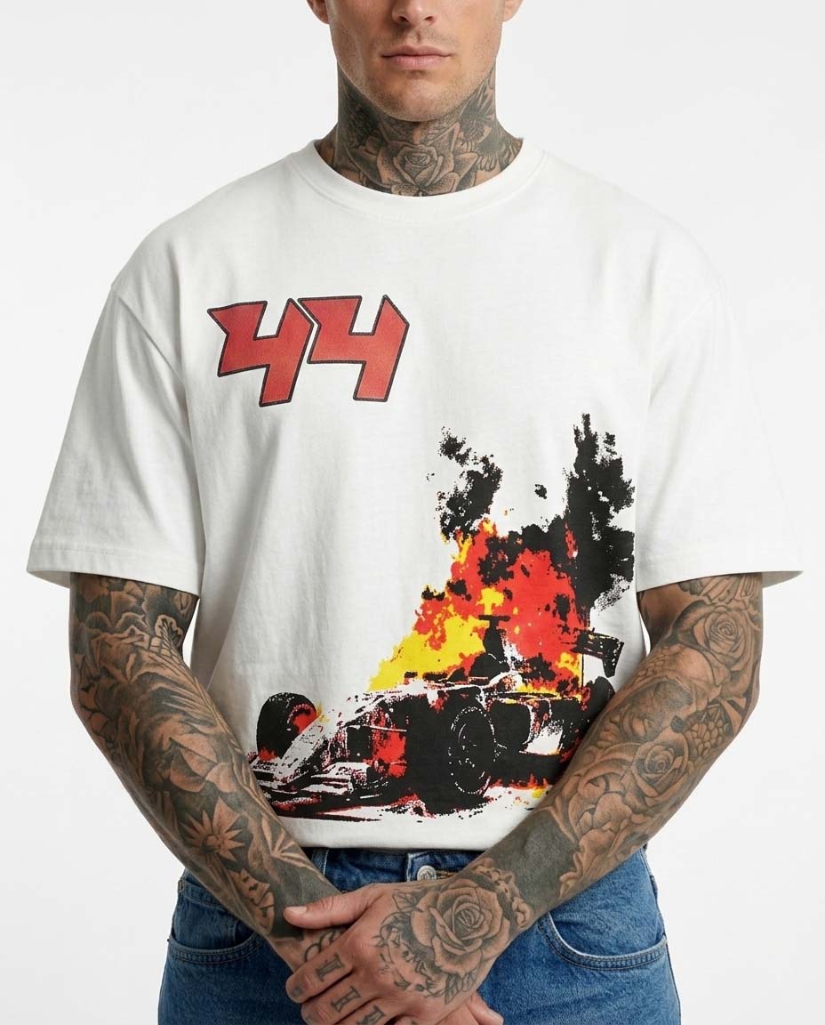 GRPHX F1 44 close-up print detail – motorsport graphic tee